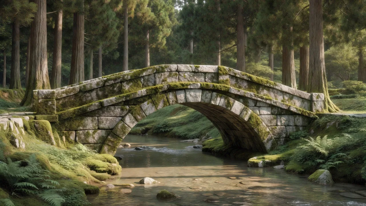 苔むした古い石橋 — ancient stone bridge covered in moss