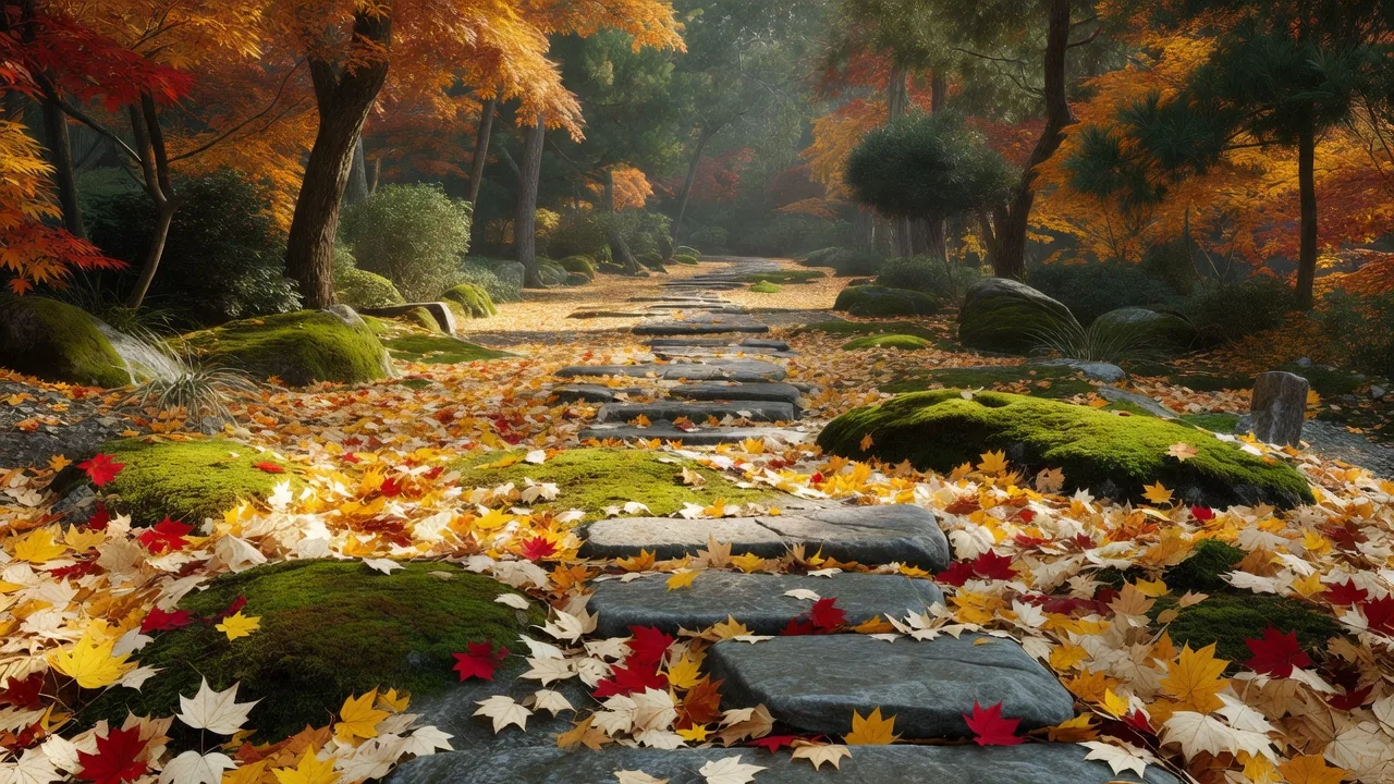 秋 Autumn path through moss forest