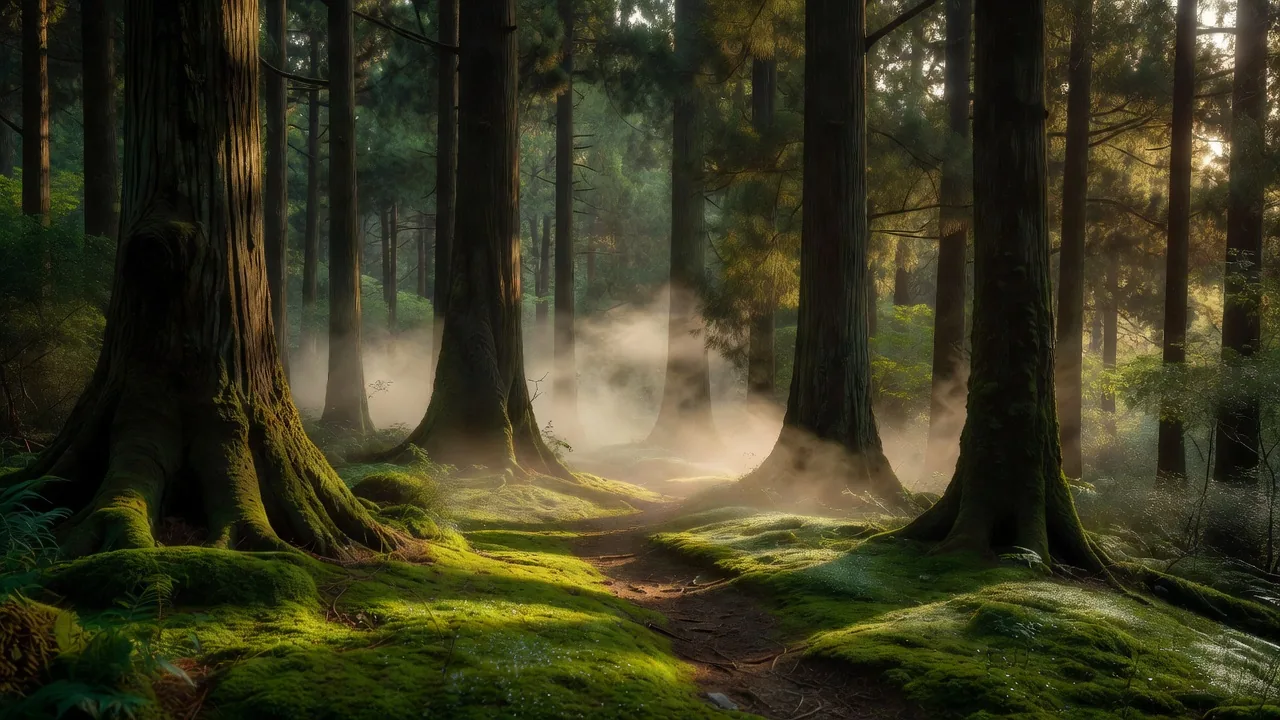 夜明けの霧に包まれた杉林 — cedar forest at dawn, wrapped in mist
