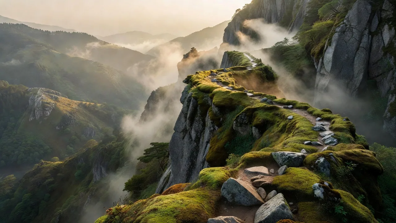 崖沿いの苔の小径 Cliff-edge mossy trail