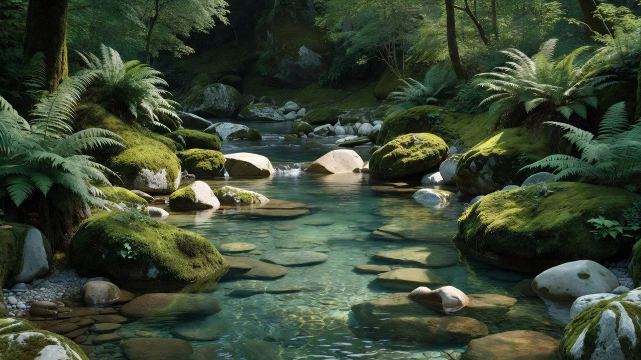 澄んだ渓流と苔の岸辺