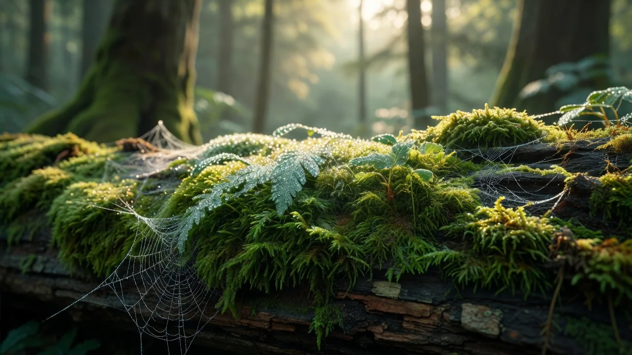 露に濡れた苔の倒木 Dew on a moss-covered forest log
