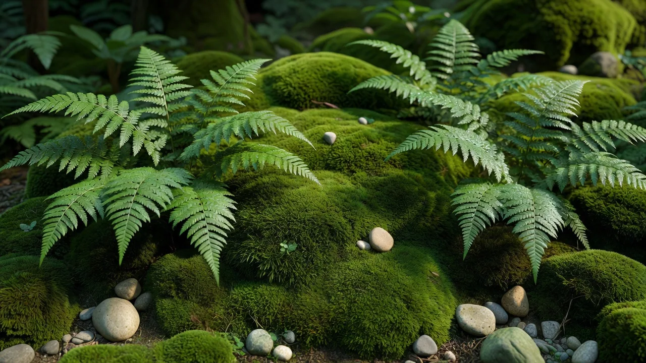 シダと苔の森の地面 Fern and moss forest floor