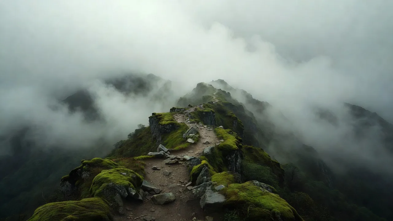 霧に包まれた尾根の苔道 Foggy ridge moss trail