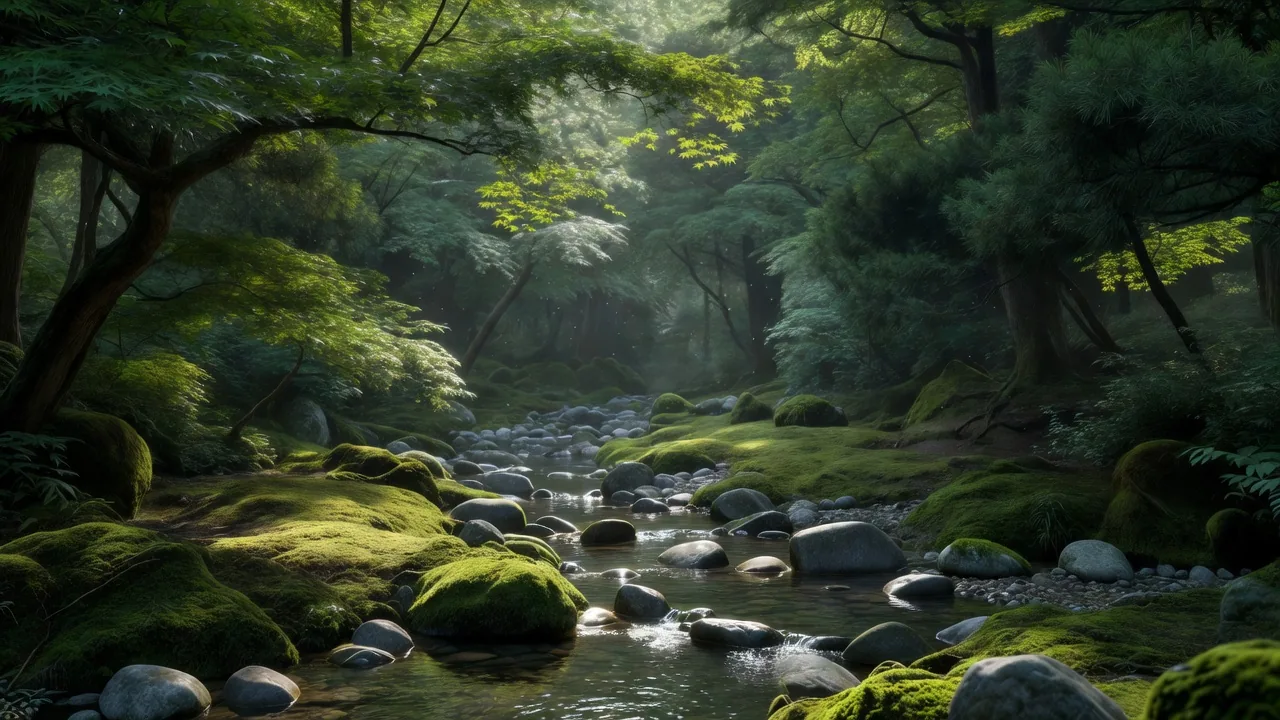 苔の岸辺の森の小川 Forest stream with moss banks