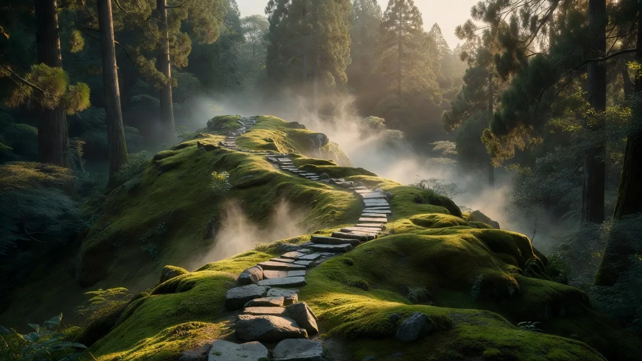 霧に包まれた苔の尾根と石畳の小径 — moss-covered ridge with winding stone trail
