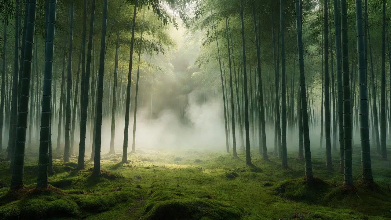 霧の竹林と苔