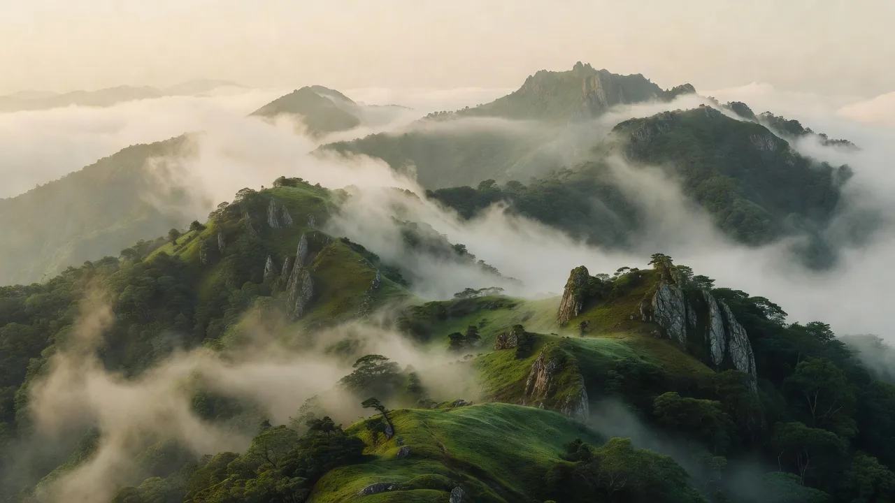 霧の山岳尾根パノラマ Misty mountain ridge panorama