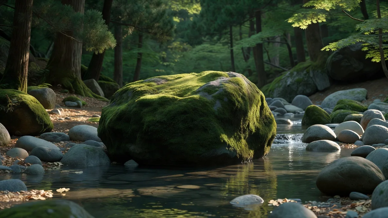 渓流沿いの苔むした巨石 Moss-covered boulder in a stream