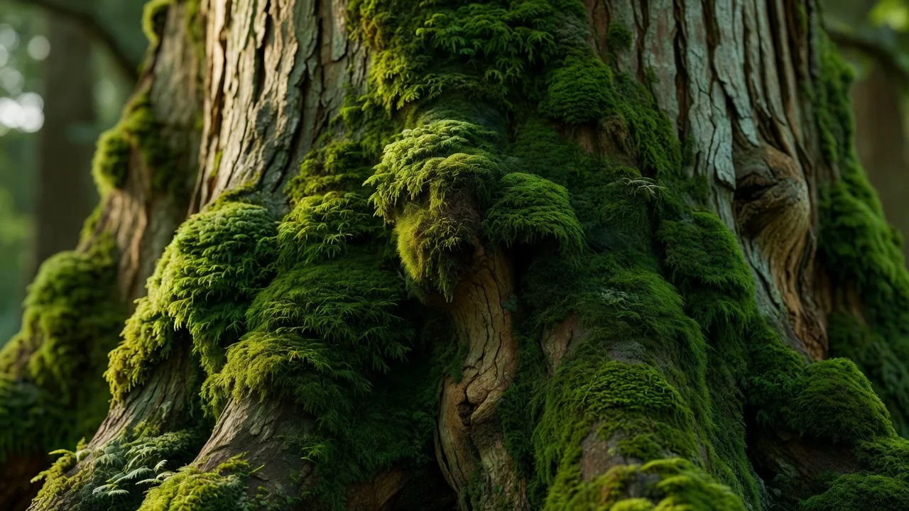 杉の樹皮を覆う苔 — moss covering cedar bark