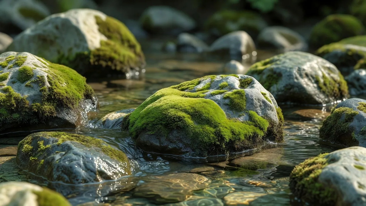 濡れた苔の川石 Moss on wet river stones