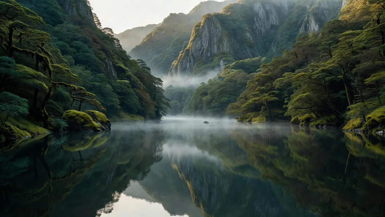 苔の森に囲まれた山上の湖 Mountain lake surrounded by moss forest