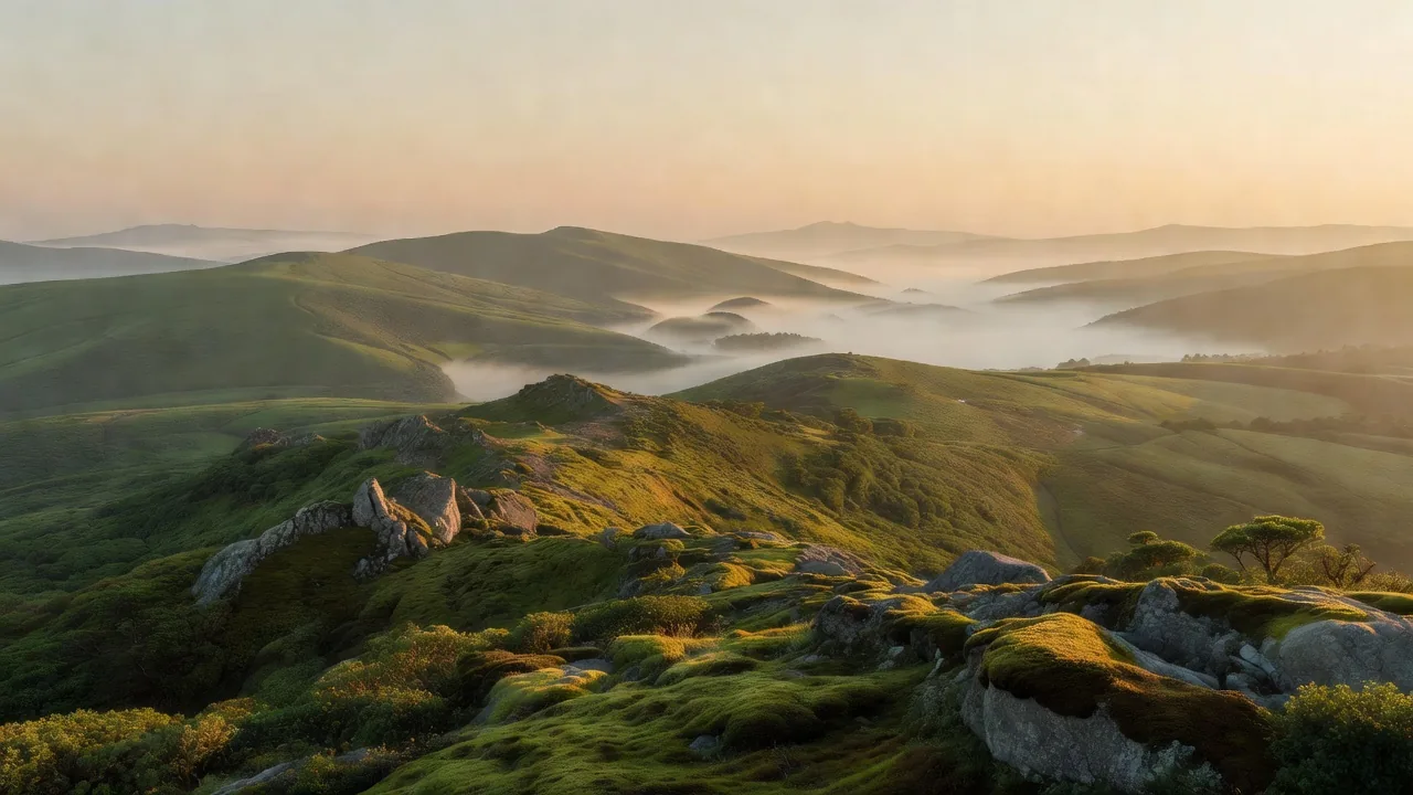 苔むした丘陵の尾根パノラマ Ridge panorama over moss hills