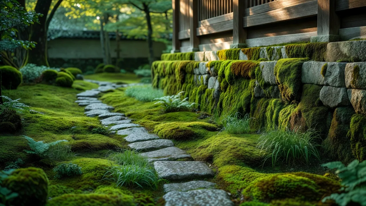 苔むした寺の壁沿いの石畳