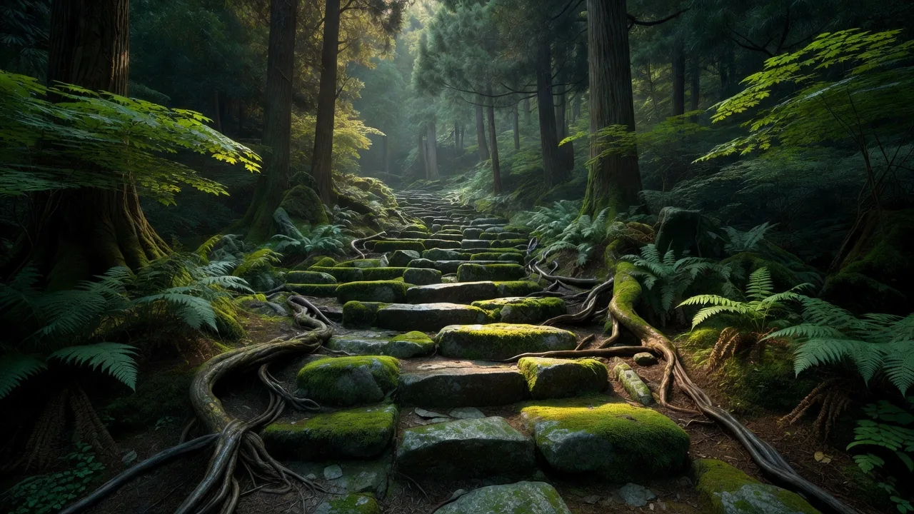苔庭の石段 Stone steps in a moss garden