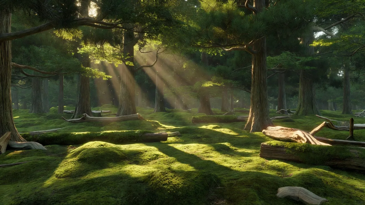 夏 Summer sunbeams over moss forest
