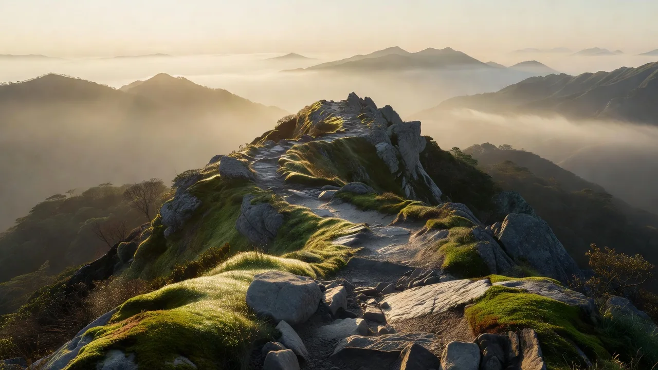 日の出の尾根と苔の岩 Sunrise over ridge moss rocks