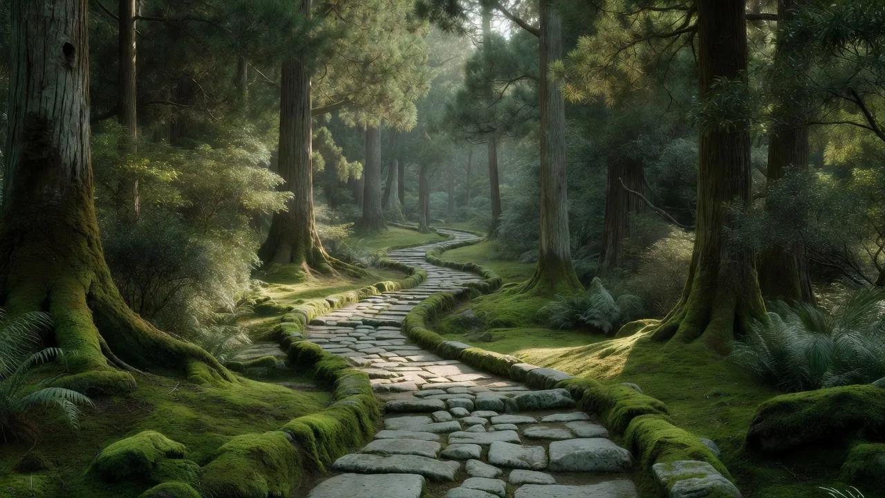 森を抜ける曲がりくねった石畳 Winding stone path through the forest