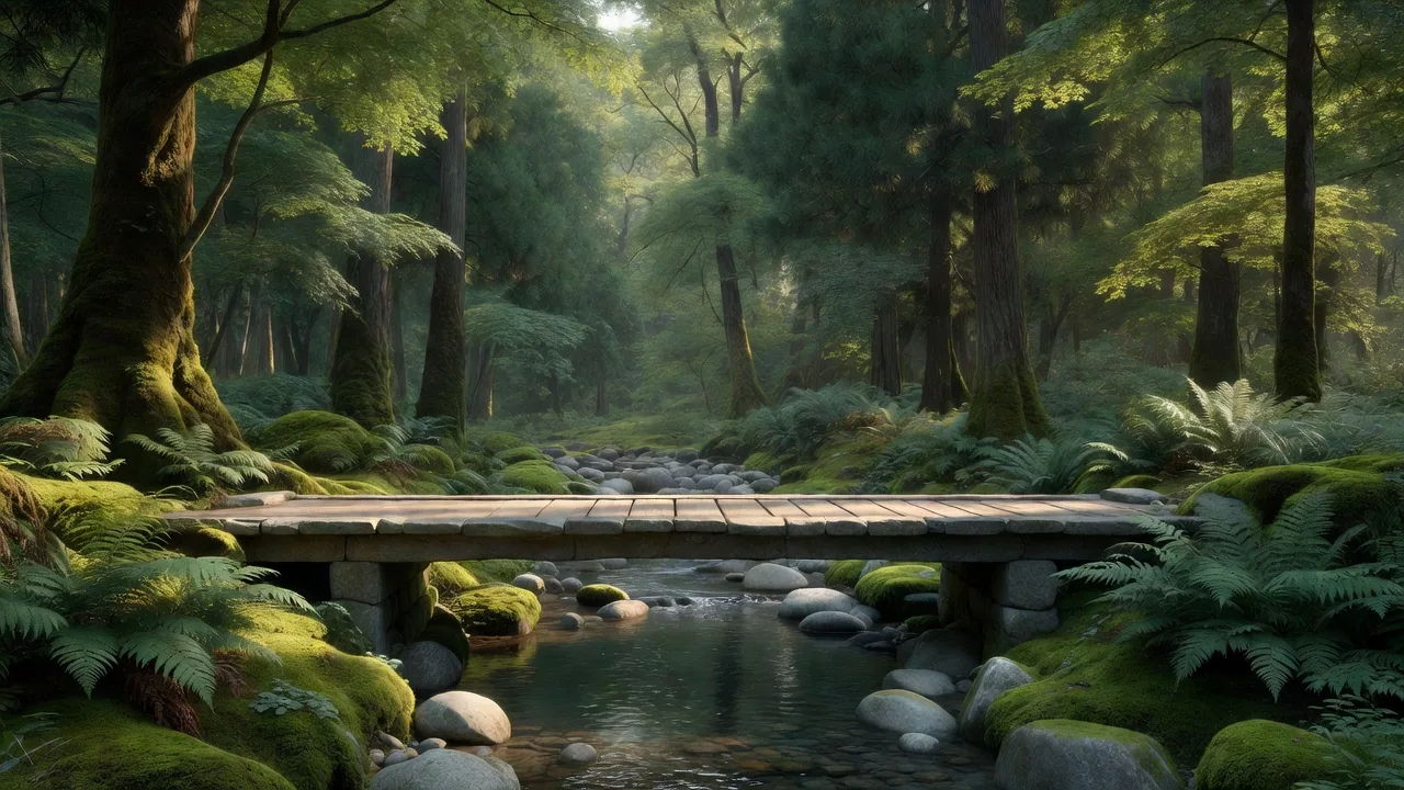 苔むした渓流にかかる木橋