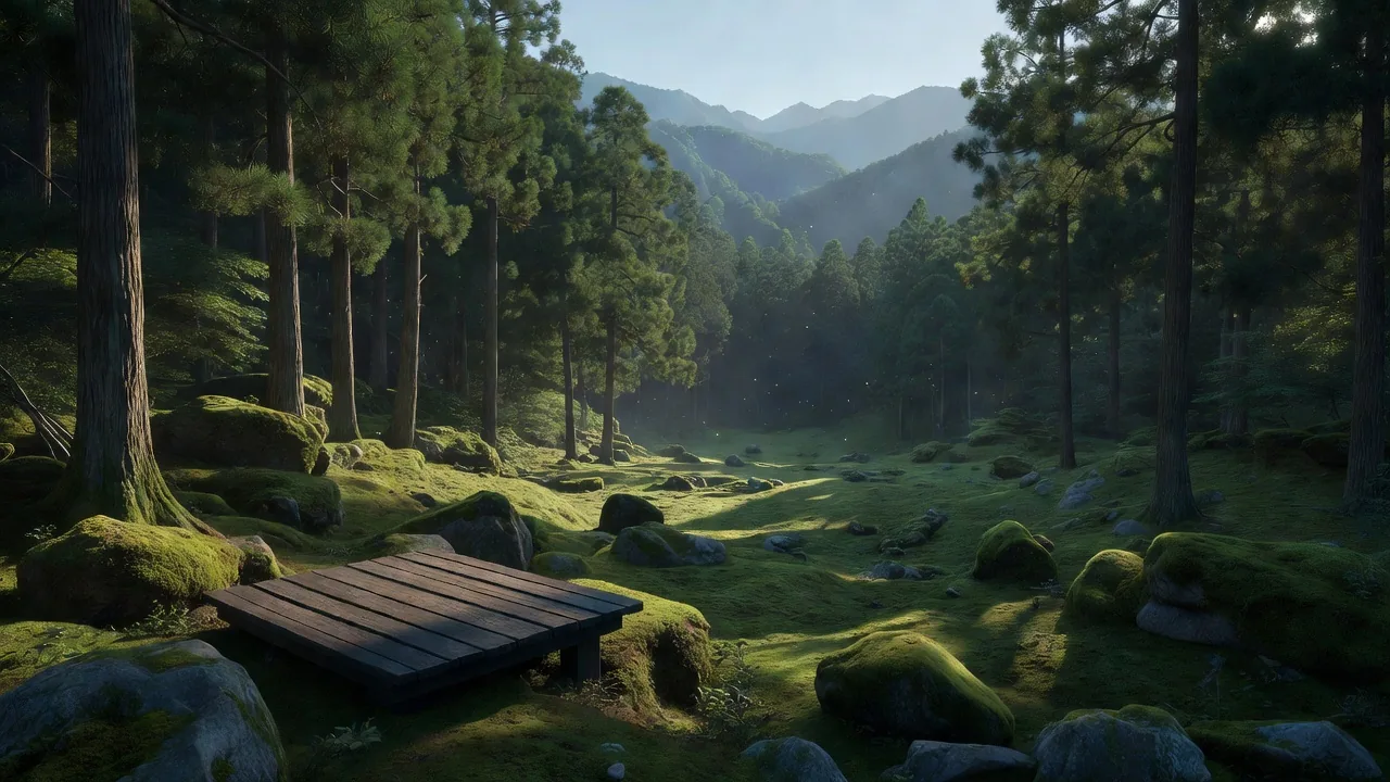 苔の谷に架かる木製の展望台 Wooden platform over moss valley